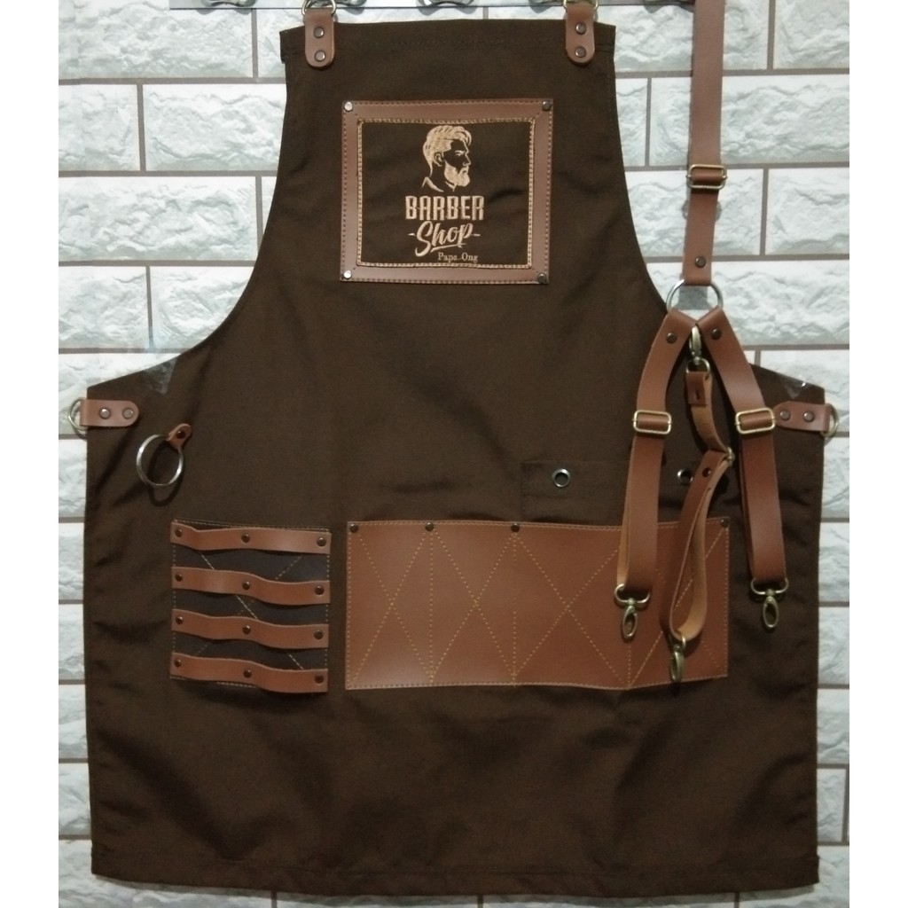 Full apron Barbershop Celemek Cukur rambut Apron Barista kanvas &amp; Synthetic leather  Y strep leather varian warna include bordir