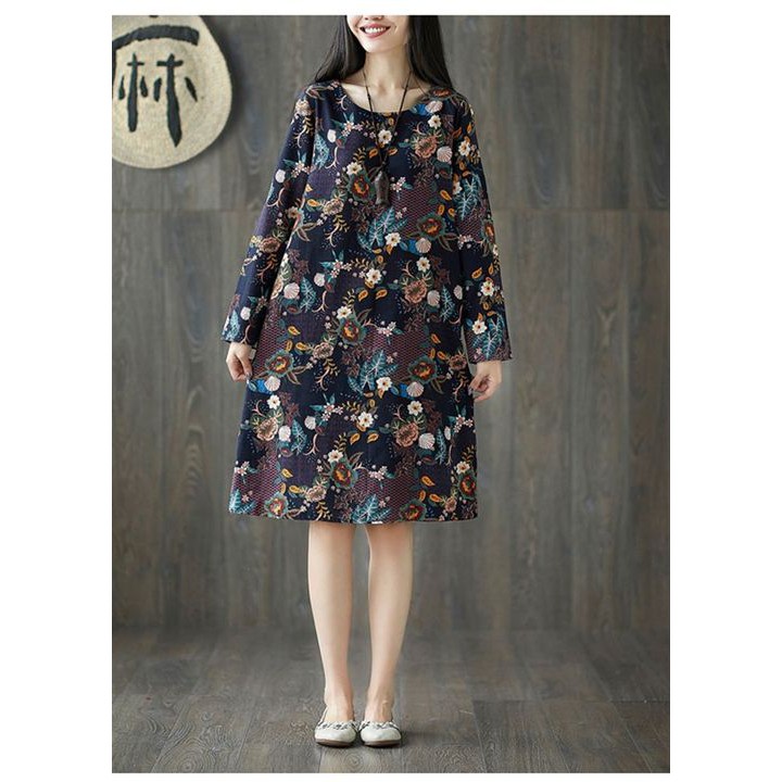 DRESS LINEN MOTIF BUNGA LENGAN PANJANG - DRESS KOREA IMPORT - DRESS WANITA