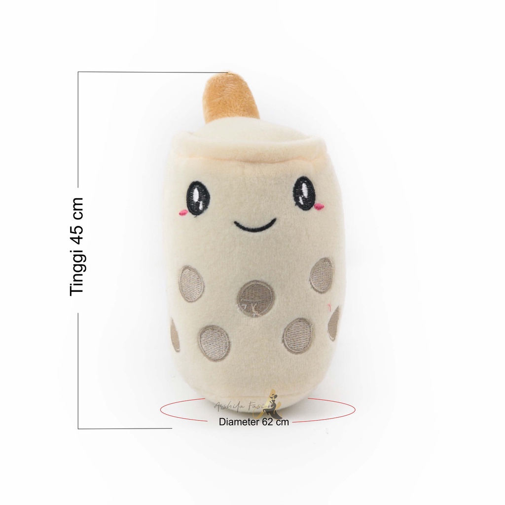 Boneka Boba Ukuran L Cangkir Milk Tea Bahan Felboa Tinggi 45 cm Berlabel SNI Gambar Bordir