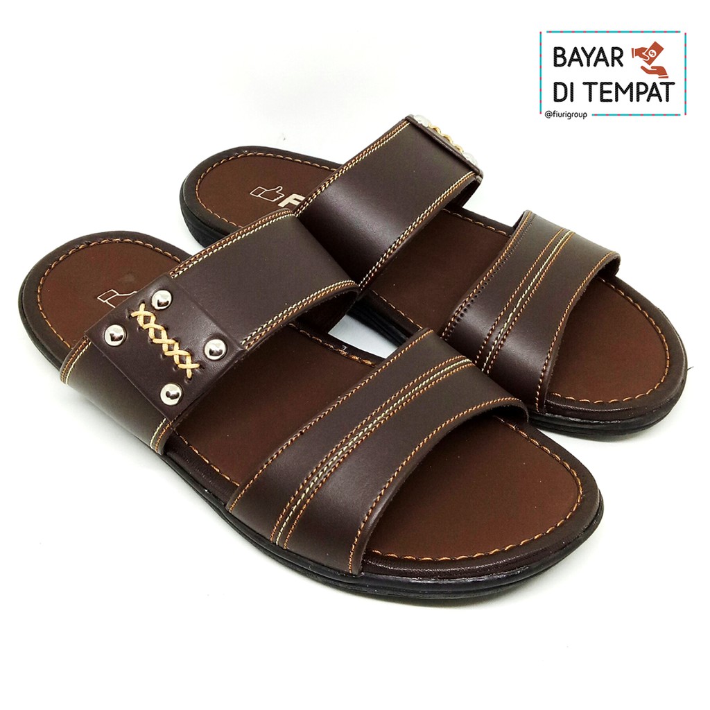 FIURI - Sandal Double Slip On Coklat - Sandal Casual Pria Kulit