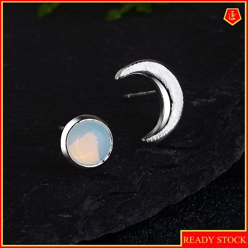 [Ready Stock]Asymmetric Moonstone Sun and Moon Stud Earrings