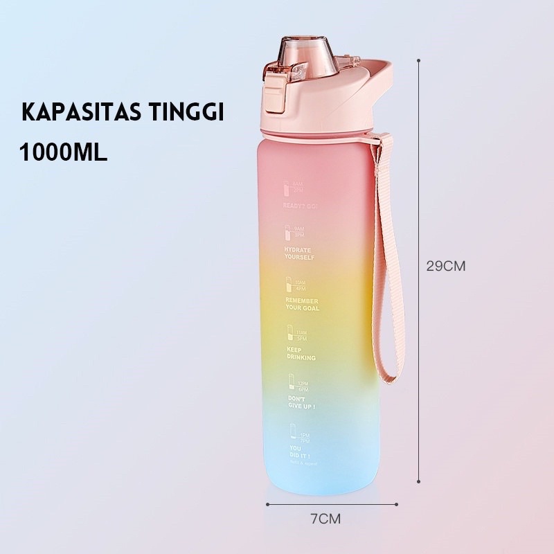 DEOSOFFICIAL -- BOTOL MINUM PASTEL 1 LITER / BOTOL MINUM TIME 1 LITER / DRINK REMINDER / BOTOL RAINBOW