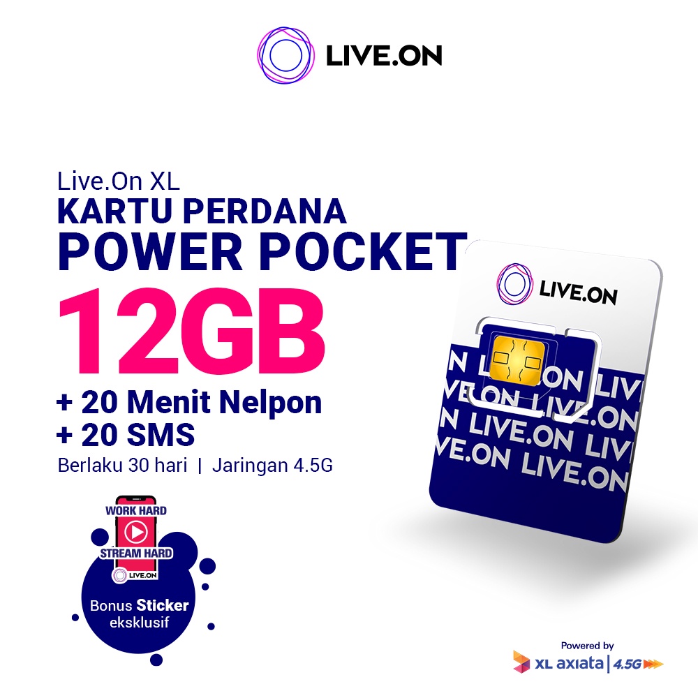 Live.On Kartu Perdana Power Pocket 12GB (30 hari) 4.5G Gratis 20 Min Nelpon + 20 SMS + Sticker J