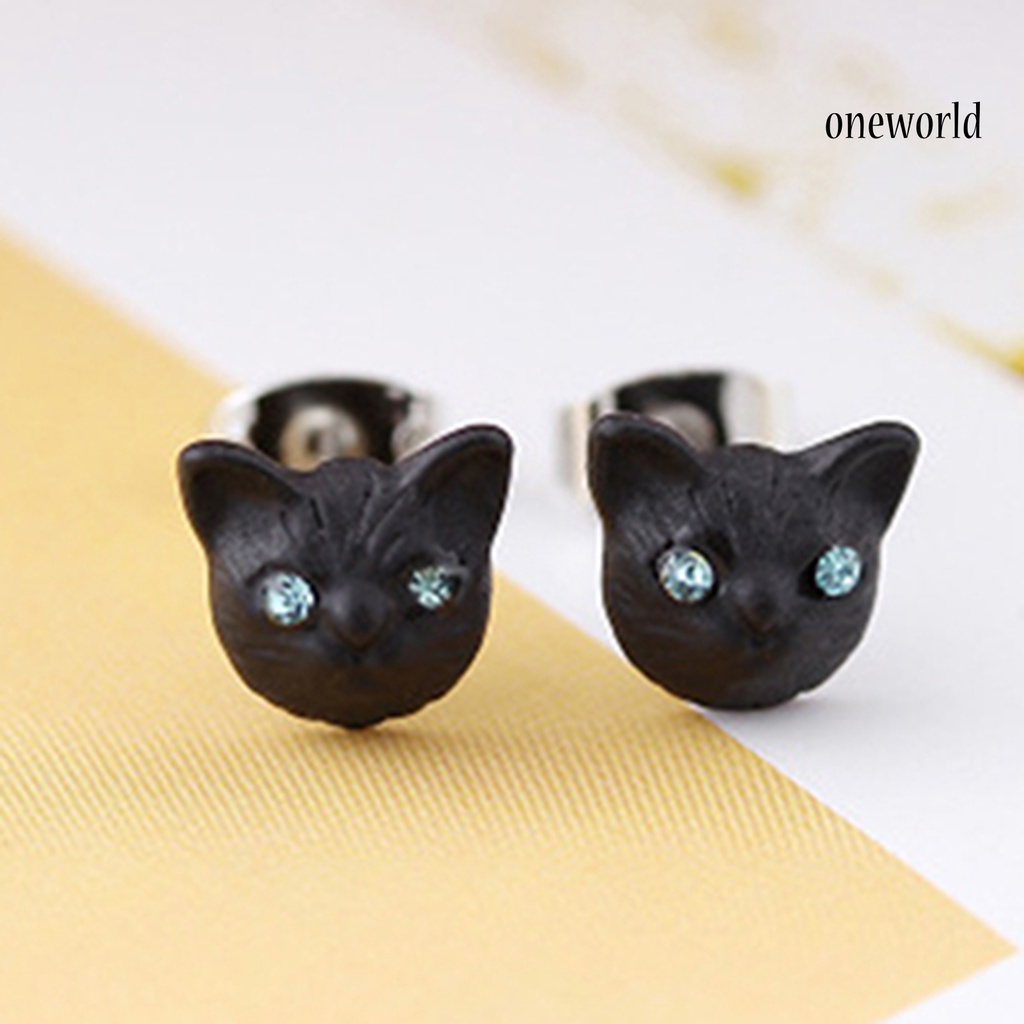 OW@ 1 Pair Women Cute Cats Head Rhinestones Inlaid Ear Studs Earrings for Party Club