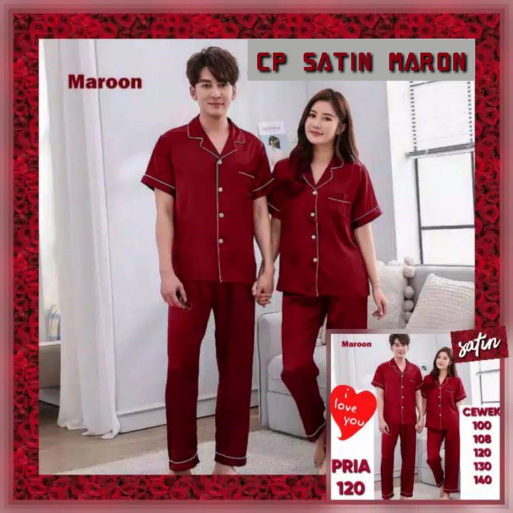 BAJU TIDUR COUPLE/PASANGAN JUMBO PRIA/WANITA / SUAMI ISTRI SATIN SILK-2 PCS- MARON