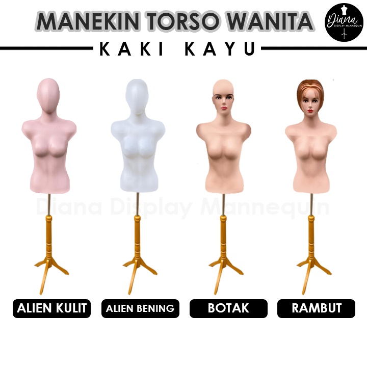 PATUNG MANEKIN BAJU TORSO WANITA DEWASA SETENGAH BADAN DENGAN KEPALA SET KAKI KAYU KAKI BESI