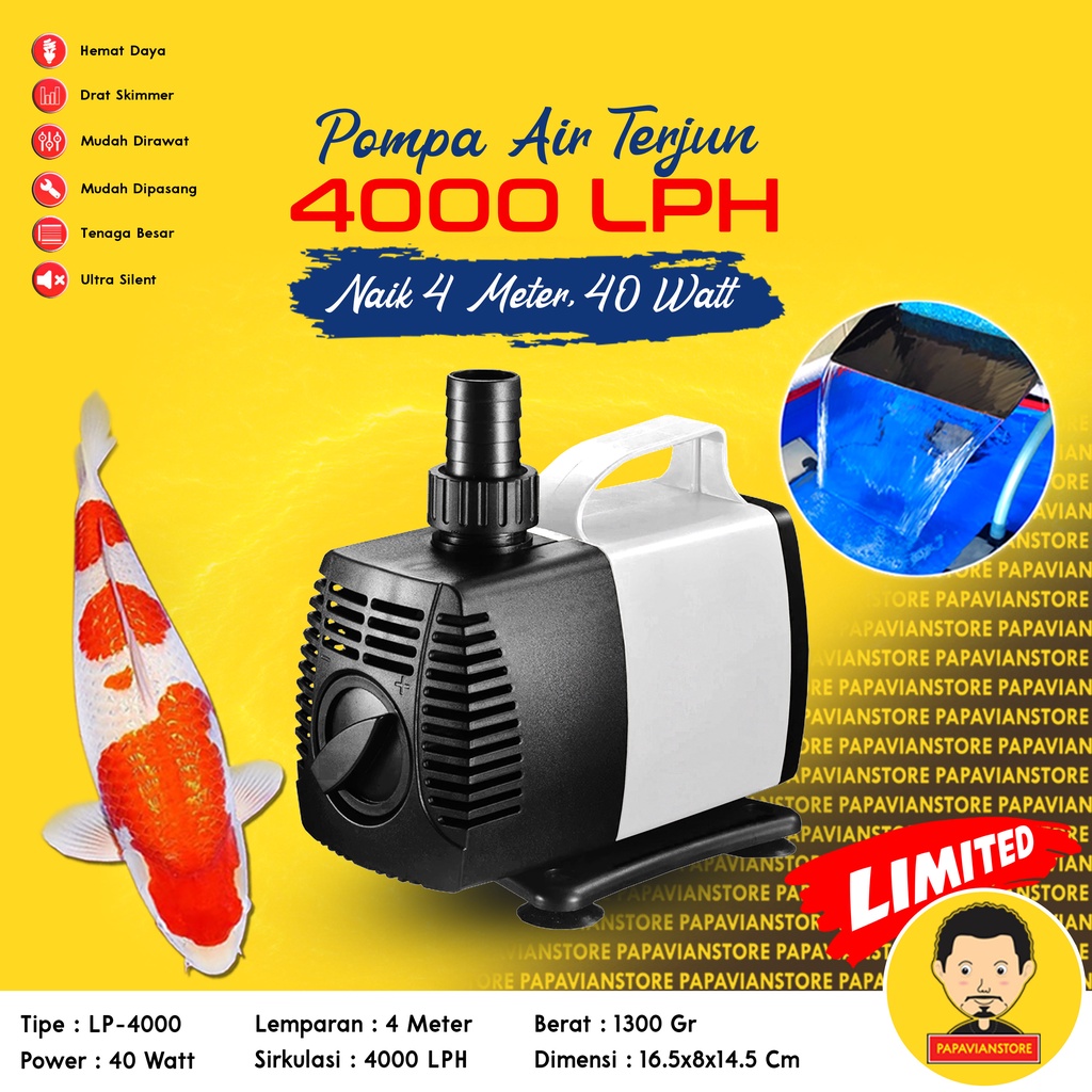 Pompa Mesin Air Filter Celup Air Terjun Mancur Kolam Aquarium Besar Ikan Hias Koi Akuarium Hidroponik Hemat Listrik Submersible Water Pump 105B 4000 LPH Liter Per 24 Jam Low 42 Watt Naik 3 Meter