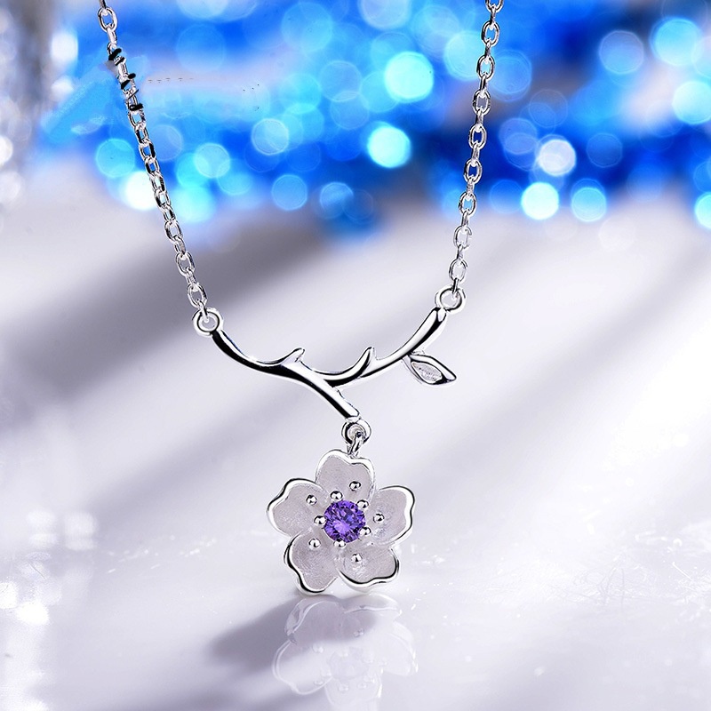 [Ready Stock]Fashion Pink Diamond Purple Diamond Cherry Blossom Necklace Flower Branch Pendant