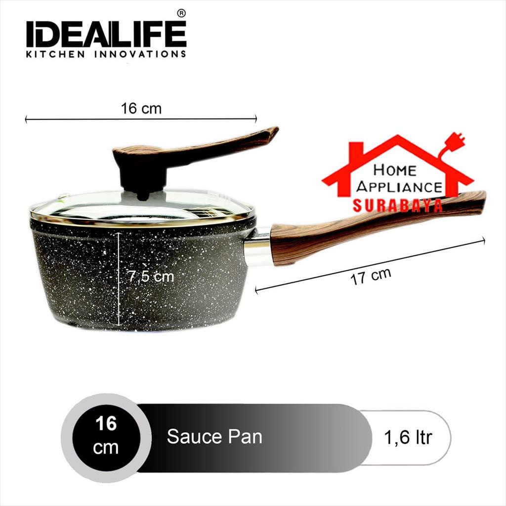 IDEALIFE Panci Saus Susu - Sauce Pan 16CM + Tutup Kaca + Spatula Nylon IL-16SP