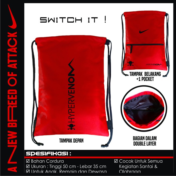 TAS RANSEL GYMSACK SERUT DRAWSTRING NIKE HYPERVENOM 2F MERAH
