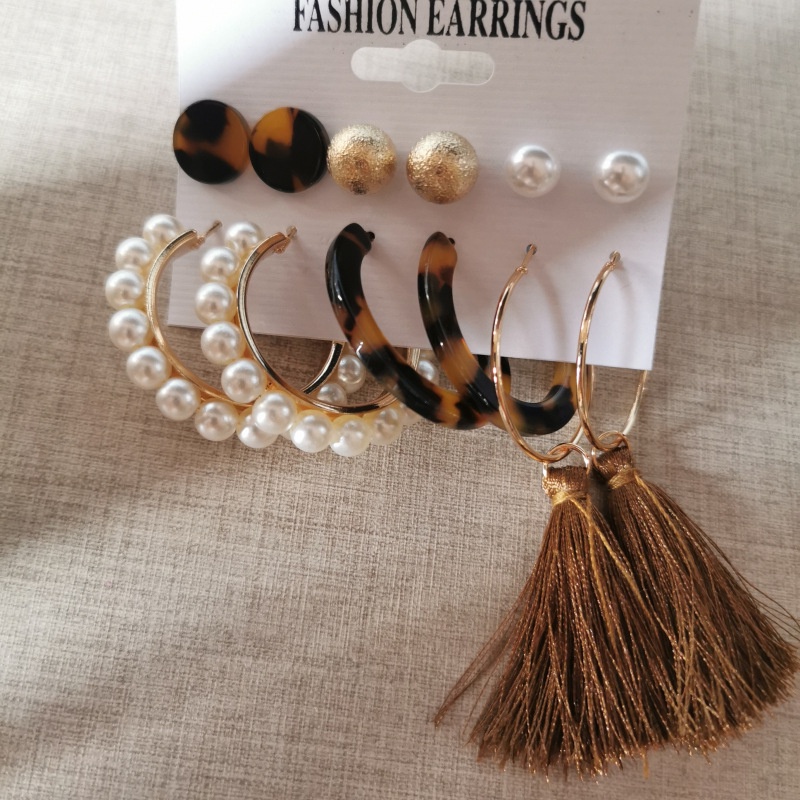 Set Anting Tusuk Bentuk Lingkaran Aksen Mutiara + Rumbai Gaya Bohemian Untuk Wanita