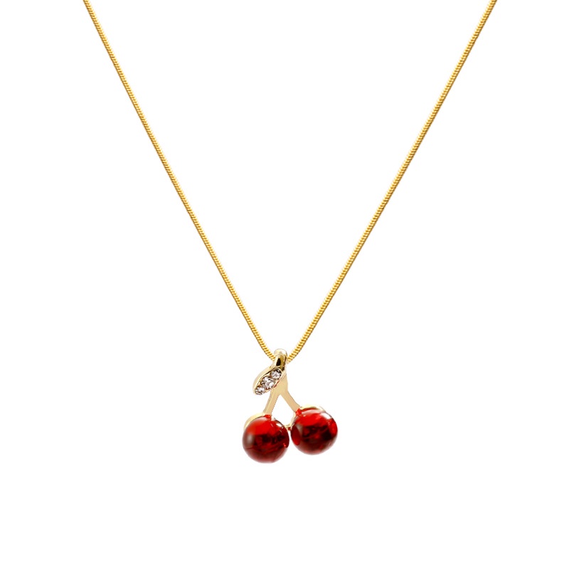 Kalung Rantai Klavikula Desain Cherry Warna Merah Gaya Korea Untuk Wanita