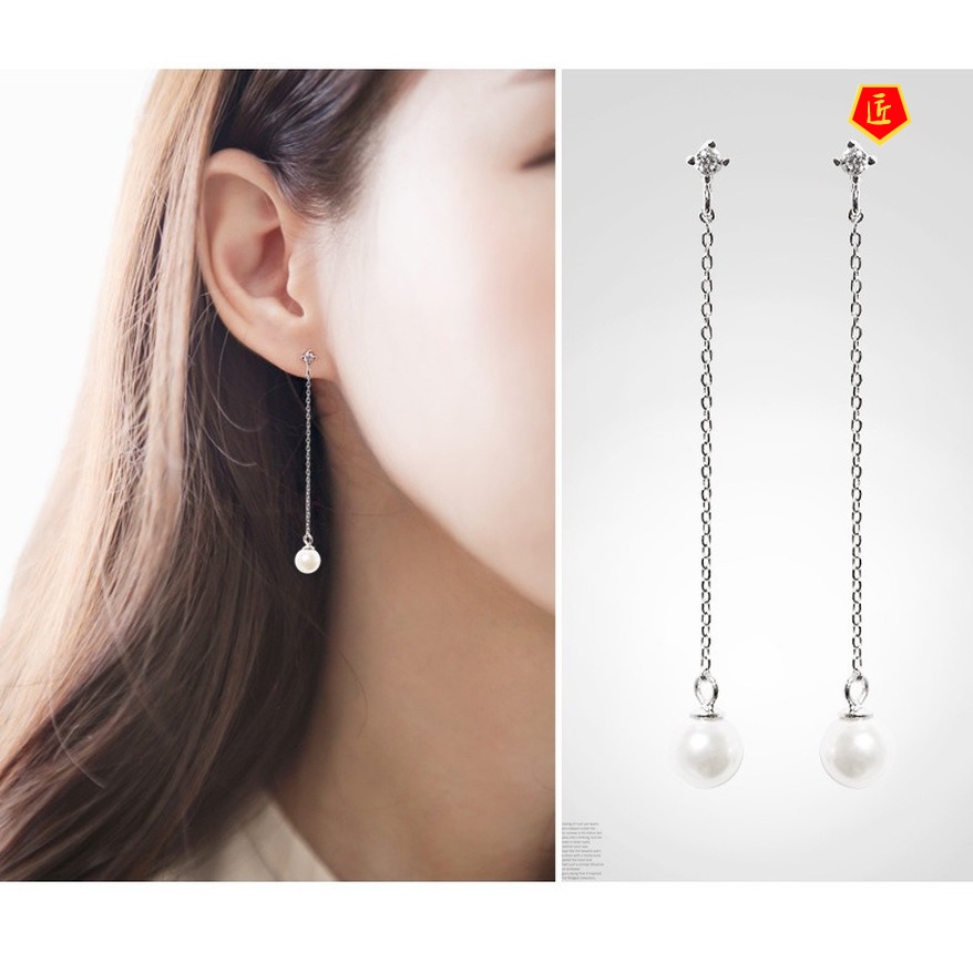 [Ready Stock]Elegant Silver Long Fringed Pearl Earrings for Women