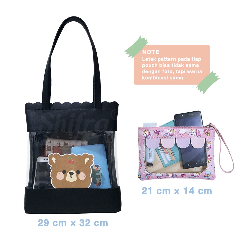 Shifra Tas Tote Bag Wanita Mika Karakter Unicorn Dino Bear Set Pouch Bonus Dompet