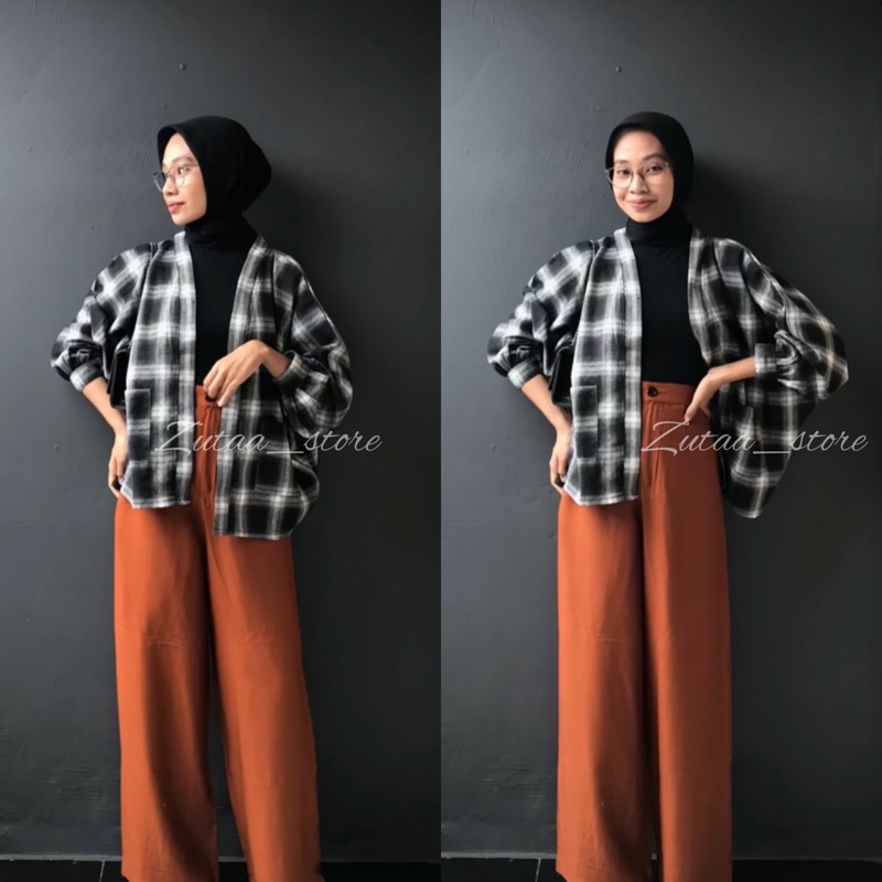 outer kemeja oversize flanel lengan balon grid viral