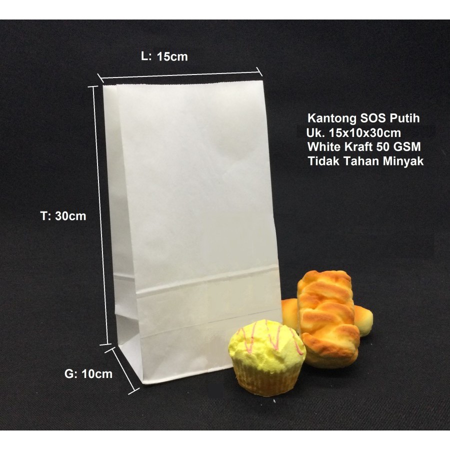 

PB 100pcs Paperbag WHite SOS Tipis L 15x10x30cm 50gsm