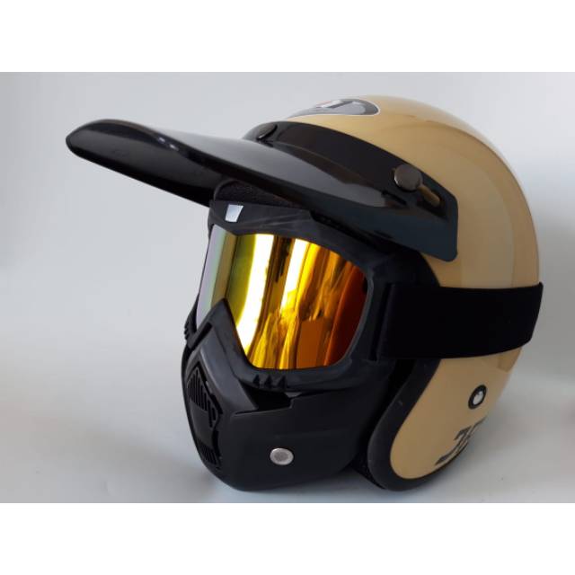 Helm bogo retro jpn cream metalik plus gogle mask