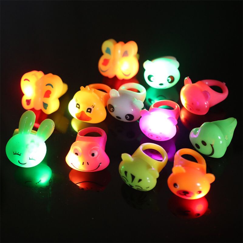 Mary 12pcs Cincin LED Jelly Rings Untuk w/Kedip Cahaya Kartun Hewan Jari Cincin Kedip Perhiasan Kain Accs Anak-Anak Bagian