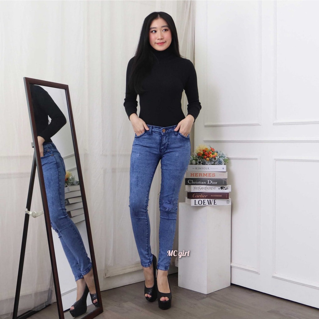 MC girl - Celana Jeans Sobek Tidak Tembus Warna Snowblue Wanita / Celana Lepis Panjang Sobek Cakar Snow Blue / Celana Denim Skinny Pensil Ripped Ada Lapisan