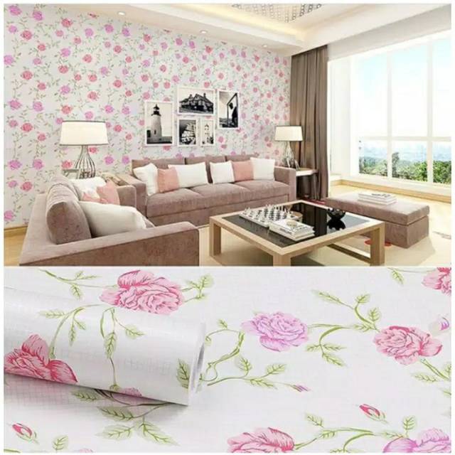 Wallpaper Dinding Motif Bunga Pink Hijau Ukuran Panjang 10Meter x Lebar 45CM