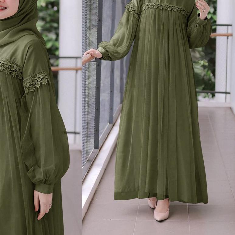 ○ MAXI DRESS PANJANG NURAINI | GAMIS MUSLIM MURAH PEREMPUAN BROKAT TILE CANTIK RENDA IMPORT TERBARU