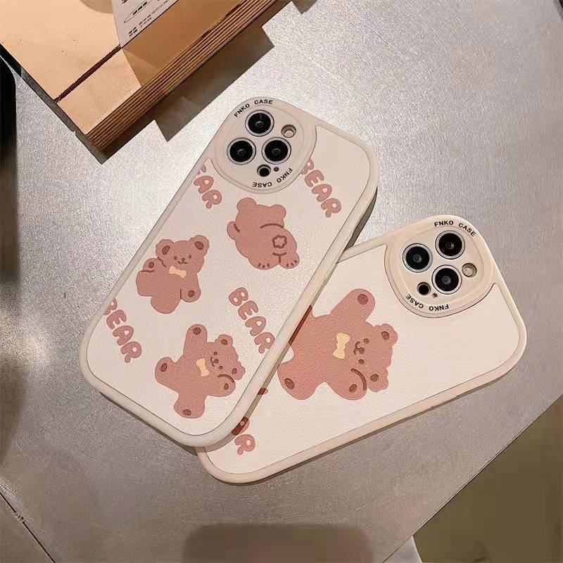 Soft Case Bahan Kulit Motif Kartun Beruang Oval Untuk iPhone 13 13pro 13prm 11 7Plus 8Plus Xr XS 13 12pro Max