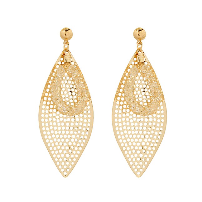 LRC Anting Tusuk Fashion Golden Frosted Mesh Leaf Alloy Hollow Earrings K44456