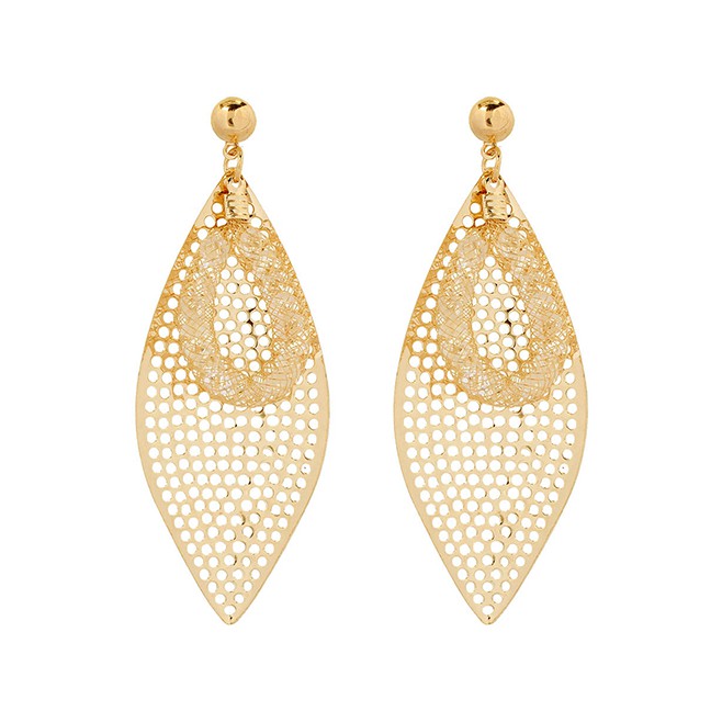 LRC Anting Tusuk Fashion Golden Frosted Mesh Leaf Alloy Hollow Earrings K44456