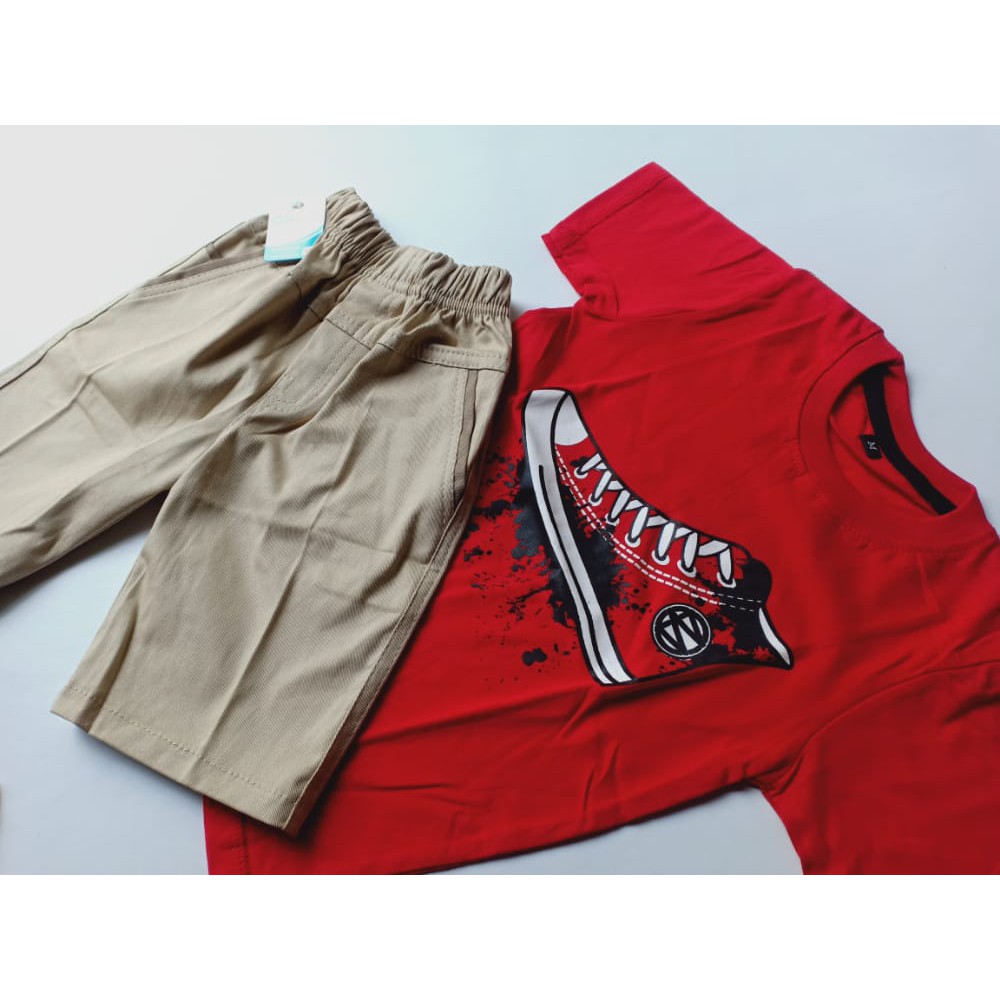 COD BAJU STELAN ANAK LAKI LAKI GAMBAR SEPATU MERAH DAN CINO PENDEK USIA 1-6 TAHUN-4