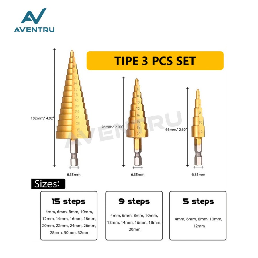 Mata Bor Pagoda Tingkat Besi Kuningan Kayu Plastik Triangle Step Drill