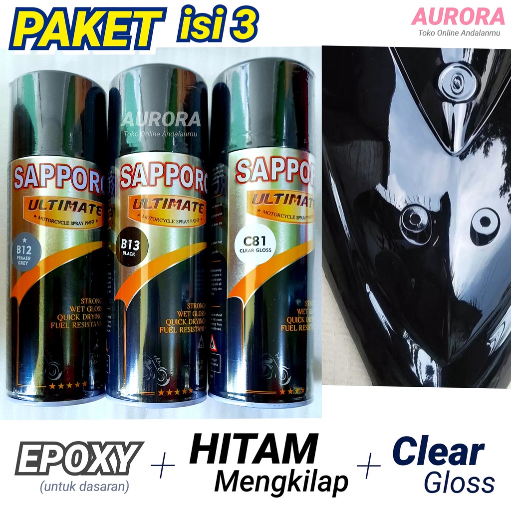 

PAKET Sapporo Ultimate Epoxy Primer Grey B12 + Hitam Black B13 + Claer Gloss C81 Saporo Ultimet