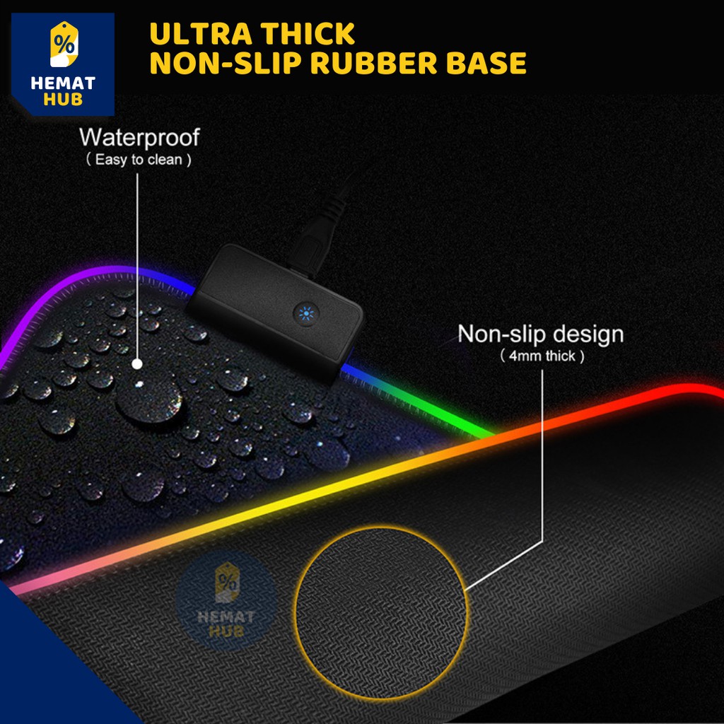 Mouse Pad Gaming RGB XL LED Glowing High Precision Jumbo Mousepad Besar USB Cable HematHub