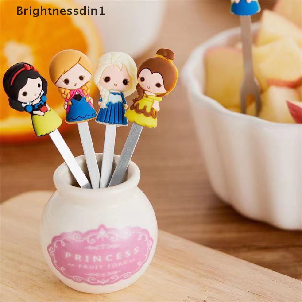 6 Pcs / set Garpu Buah Dessert Bahan Stainless Steel Desain Kartun Princess Dengan Holder