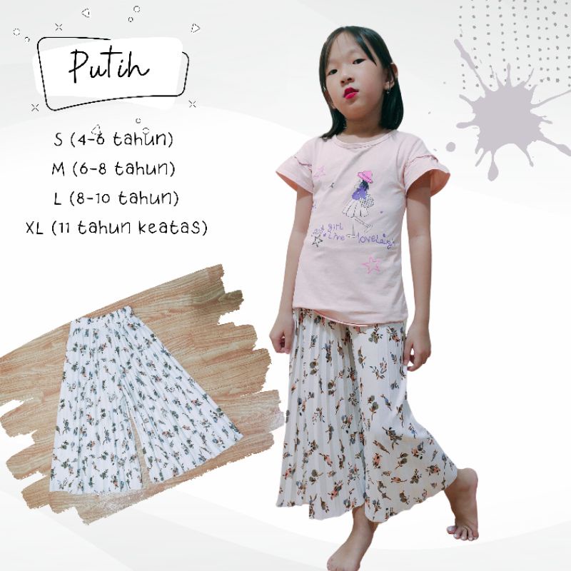 Celana KULOT PLISKET Motif 1-15 thn s/d  Dewasa  - MOTIF Lily & Exclusive TERBARU-Putih-Lily