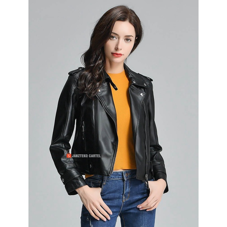 JNK x MALENA - Jaket Biker Motor Wanita Bahan Semi Kulit Sintetis Viena Faux Synthetic Leather Jacket Women Premium Original Branded Cewek Perempuan Ladies Girls Korea KPOP Style Acara Pesta Winter Autumn Outif Outwear Hijab Slim Fit Short Pendek Coat ORI