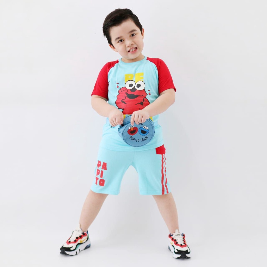 SETELAN ANAK UNISEX MOTIF ELMO BONUS WAISTBAG USIA 2-10 TAHUN