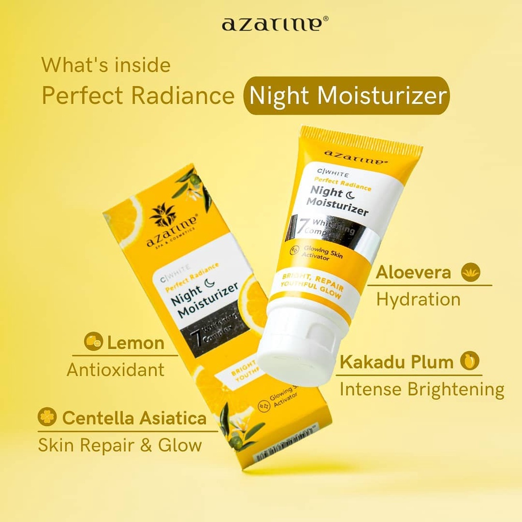 (Day &amp; Night Cream) Azarine C White Perfect Radiance Night Moisturizer / Ultralight Hydraglow Day Cream SPF30 25g - BPOM Mencerahkan Cream Malam &amp; Pagi Siang Kemasan Kuning Pelembab Wajah