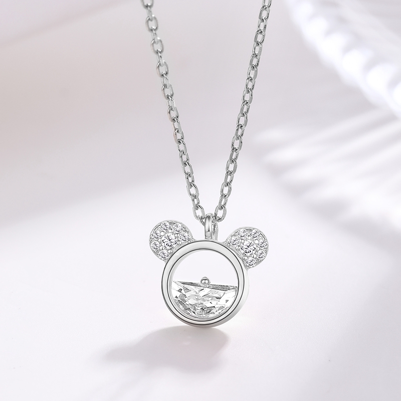 Kalung Rantai Desain Mickey Mouse Aksen Kristal Bahan S925 Silver Gaya Korea Untuk Wanita