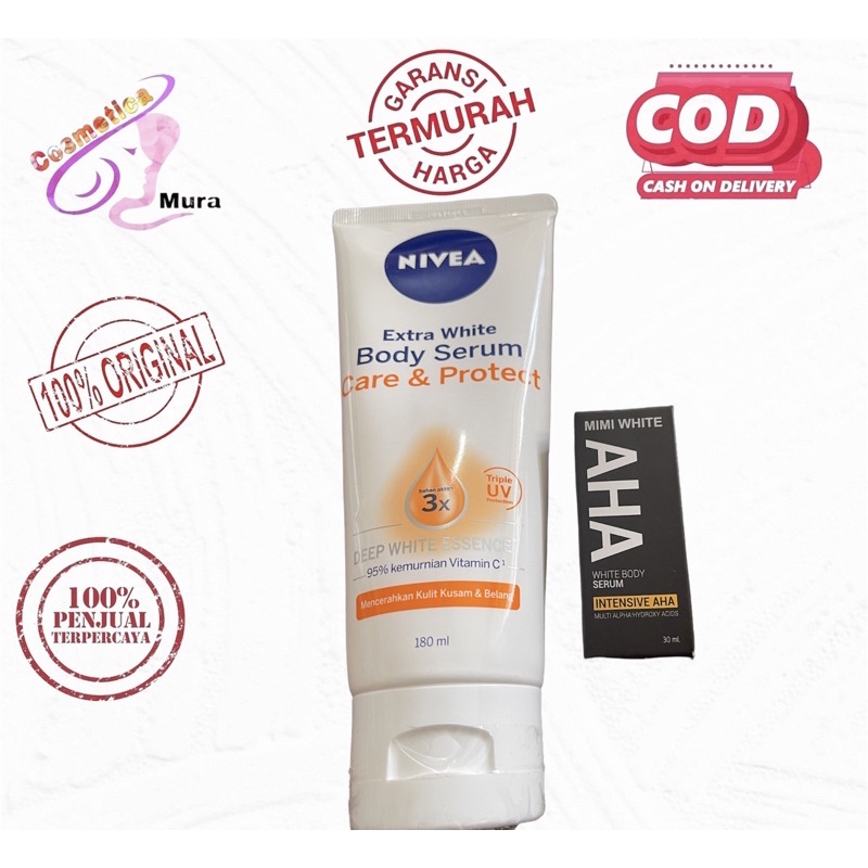 paket super whitening [ nivea body serum + aha mimi booster ] paket whitening mimi aha + nivea body serum care and protect 180 ml