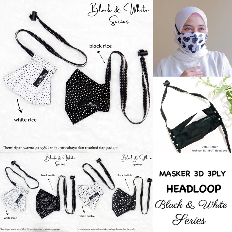 MASKER KAIN 3D 3PLY HEADLOOP STOPPER ORIGAMI NON MEDIS HIJAB “Black&amp;White Series”