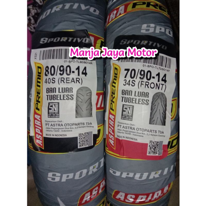 Paket ban tubeless Aspira Premio 70/90-14 &amp; 80/90-14 for mio/mio j/ mio soul/Xeon/rc/soul gt 125/X-ride/fino/mio m3/Scoopy karbu