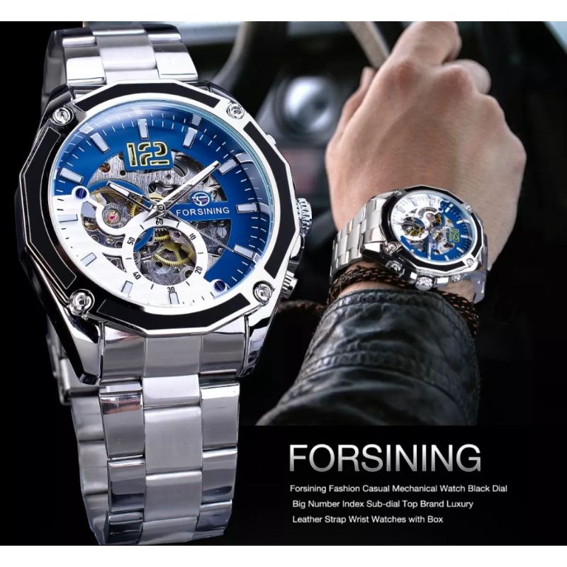 Jam Tangan Pria Original Otomatis Mekanik Forsining Sporty Bisnis Silver Blue