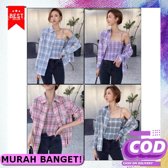 Baju Kotak Kotak Wanita Lengan Panjang Kemeja Tunik Blouse Oversize Ko Set Anggita | Set Korean Styl