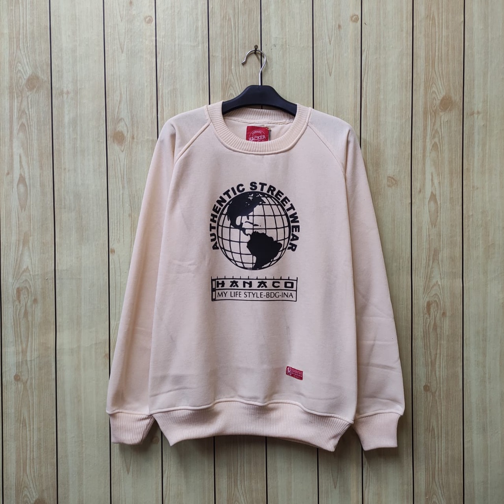 Hanaco Crewneck CN Pria Wanita Crewneck Cream Motif Basic Premium Fleece Tebal Original Distro Murah