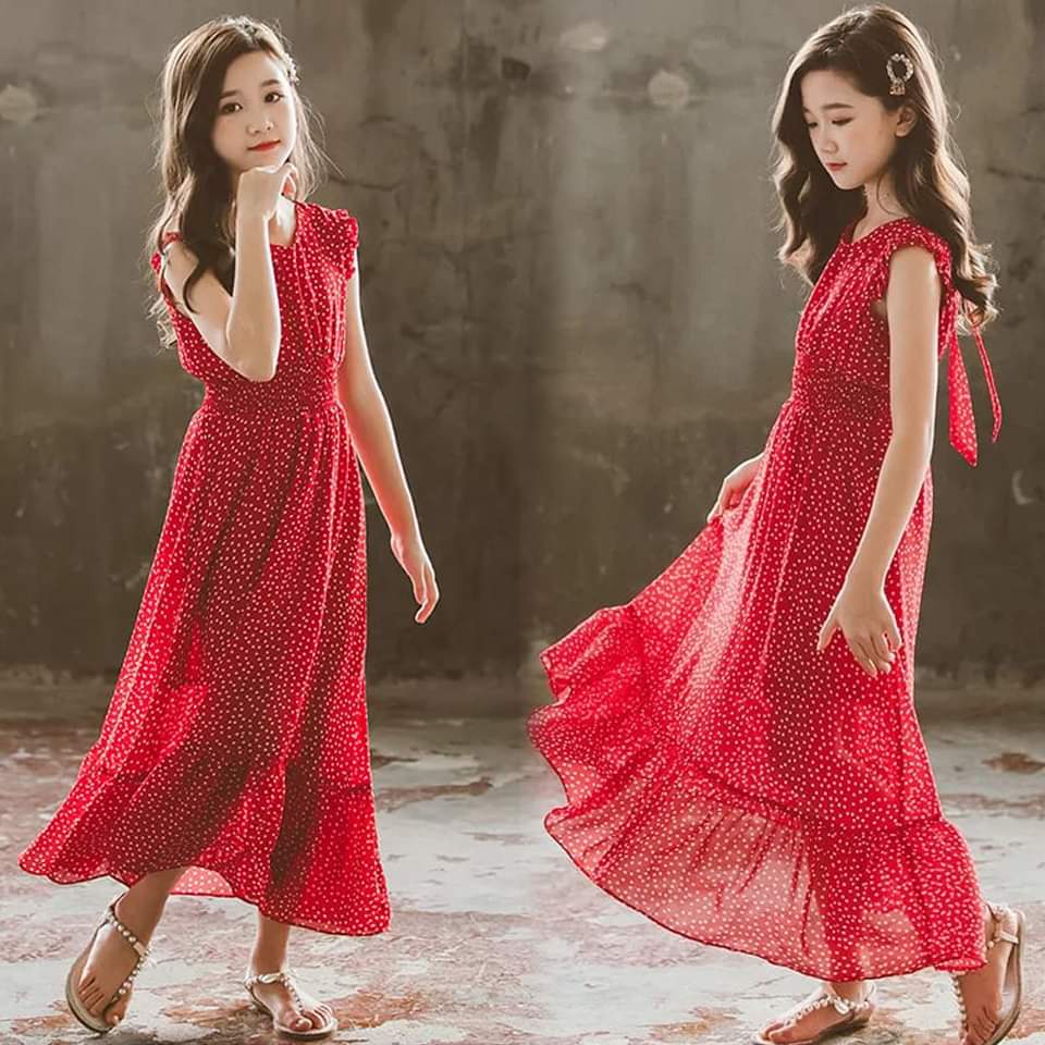 Long Dress Anak Perempuan Feminine Polkadot Red