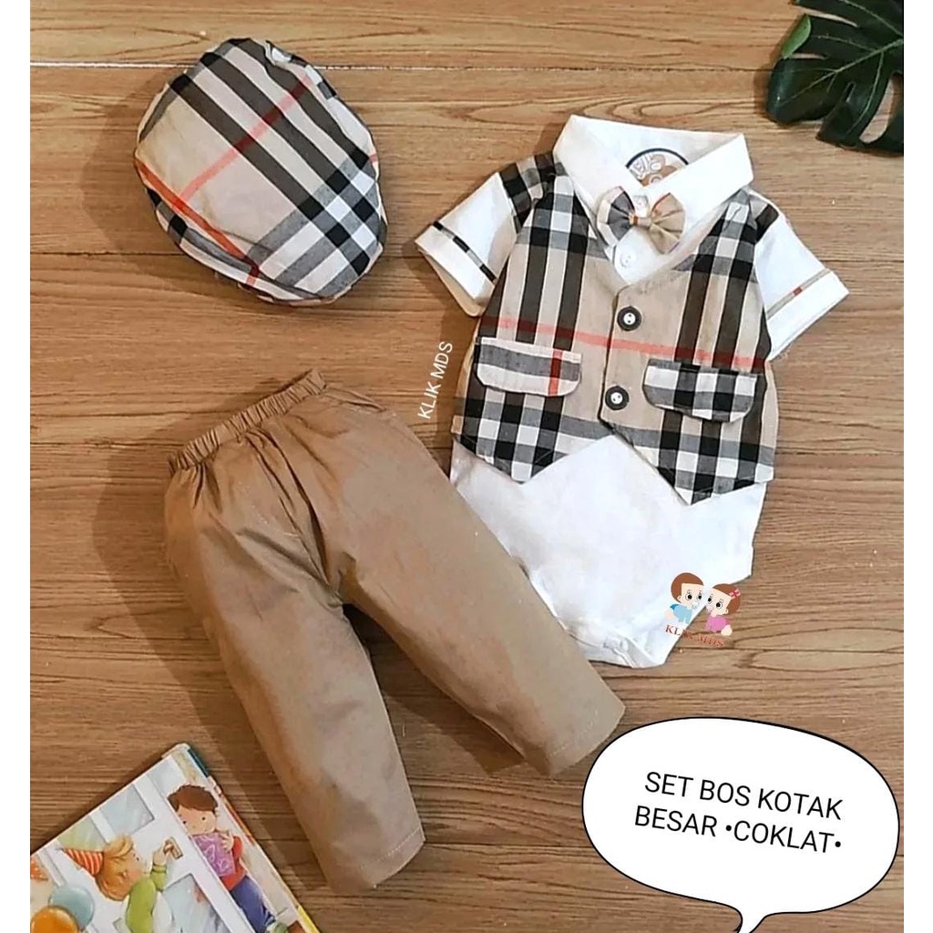 Jumper Bayi Laki-Laki / Setelan Anak Cowok Dengan Model Rompi Dan Celana Katun Usia 0-9 Bulan Motif Set Bos Kotak