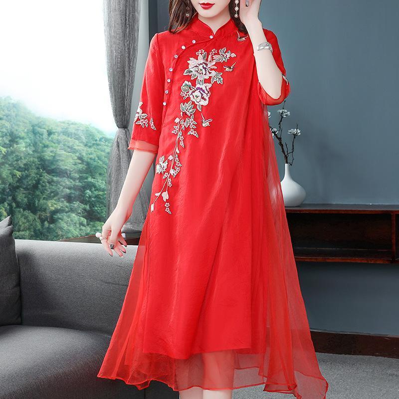 fairy dress women's 2022 summer dress new Organza embroidery medium long tea dres