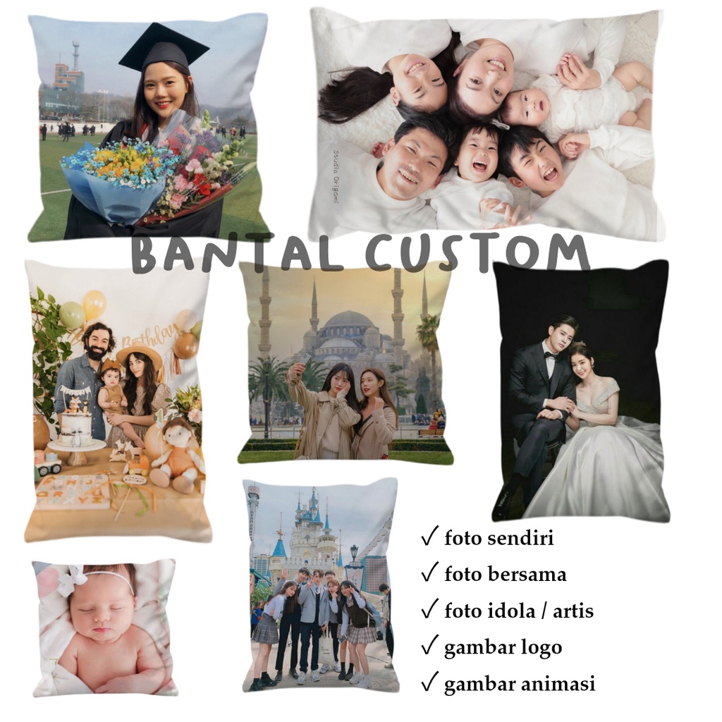 (BIG SIZE) Bantal custom foto 2 sisi ukuran 50x50cm, 60x40cm, 70x50cm.