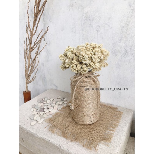 EDELWEISS + VAS KACA FULL TALI RAMI MEDIUM + BATUAN HIAS (1 SET) BUNGA KERING DRIED FLOWER