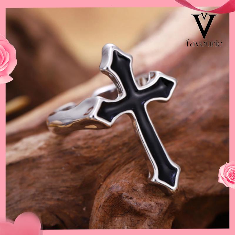 [COD]Retro Fashion Cross Cincin Pria Wanita Minyak Menetes Punk Jari Telunjuk Tren Cincin Hitam-FA